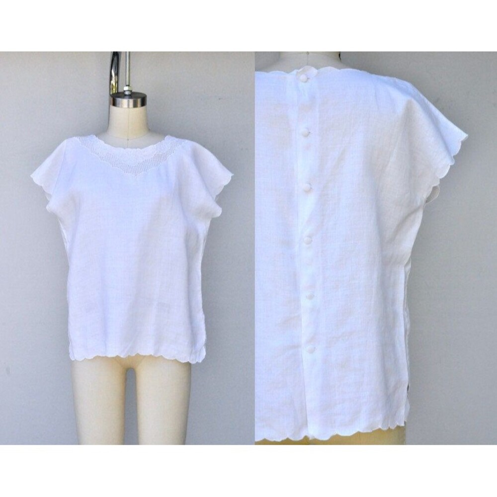 White LINEN Blouse Hand Embroidered Button Down Back Scalloped Hem Italian S M